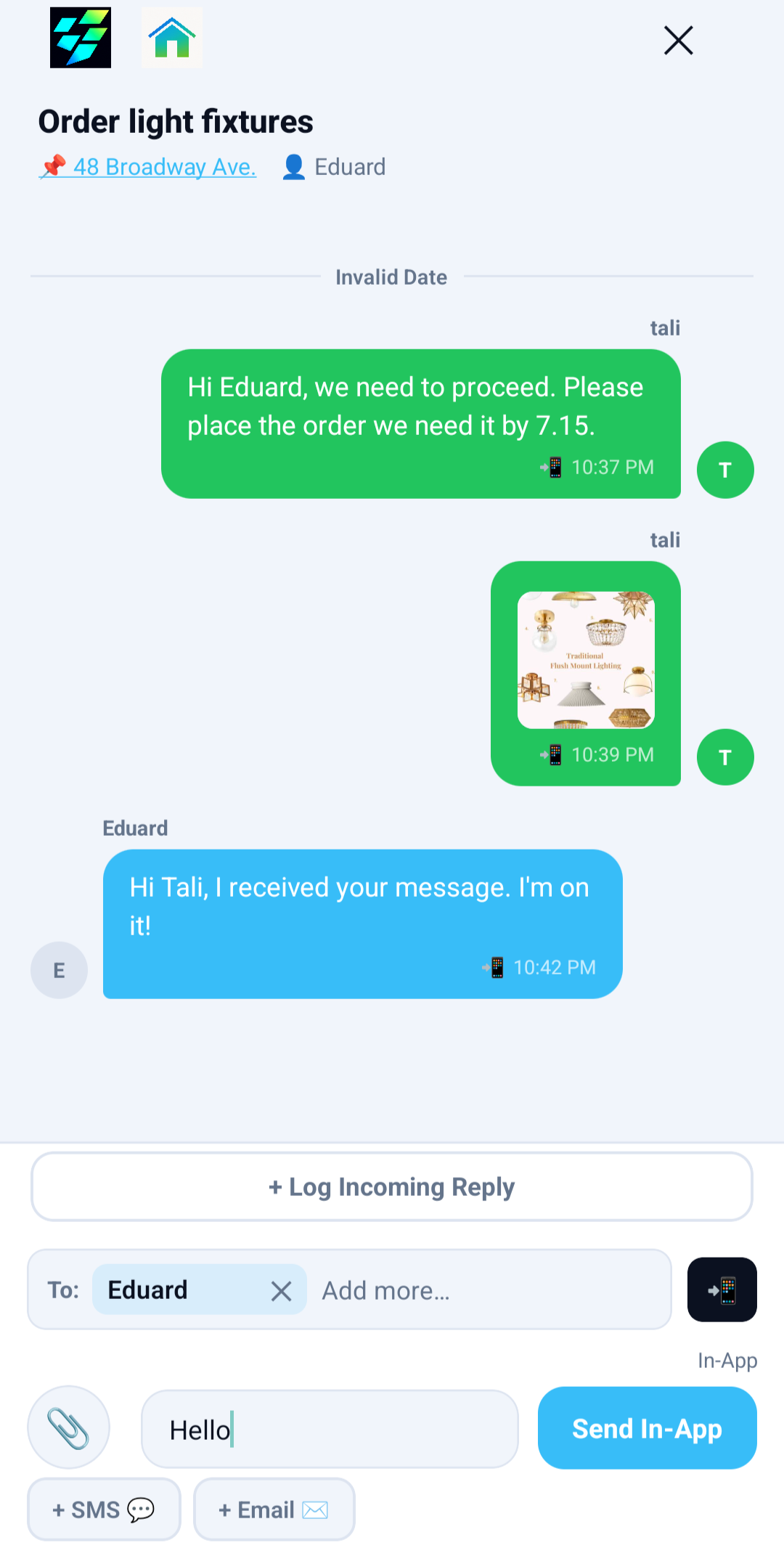 Task-based messaging thread with attachments
