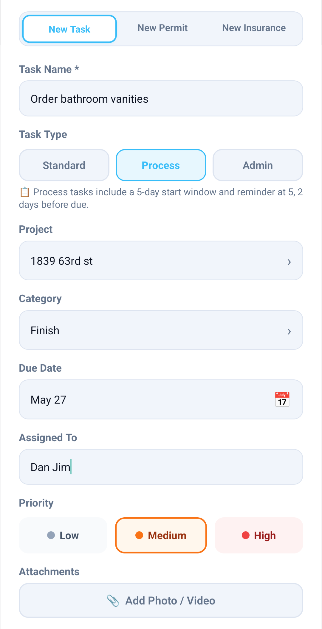 New Task creation form with project, category, due date, assignee, and priority