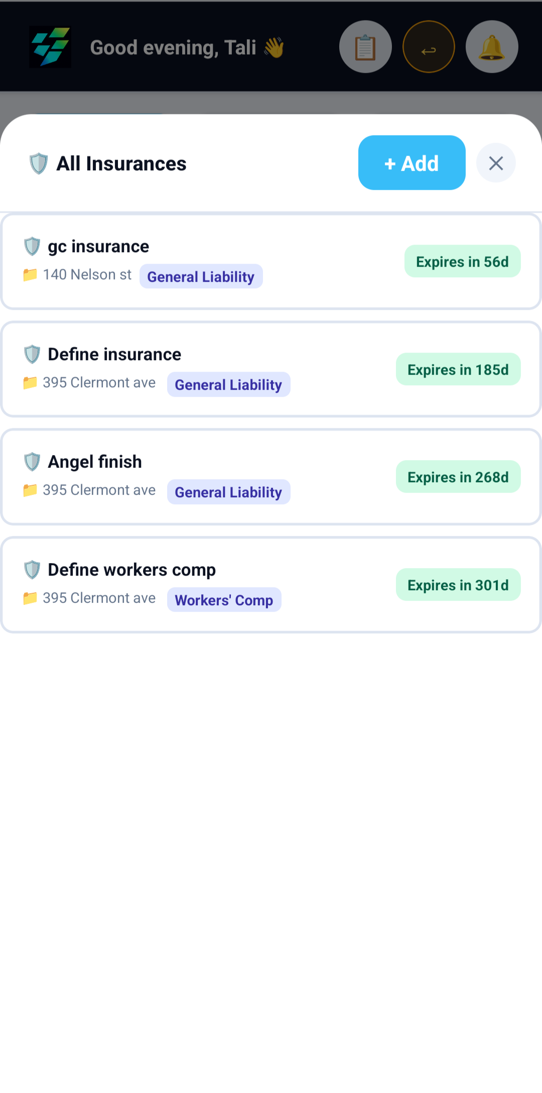 My Projects screen with multiple active construction projects