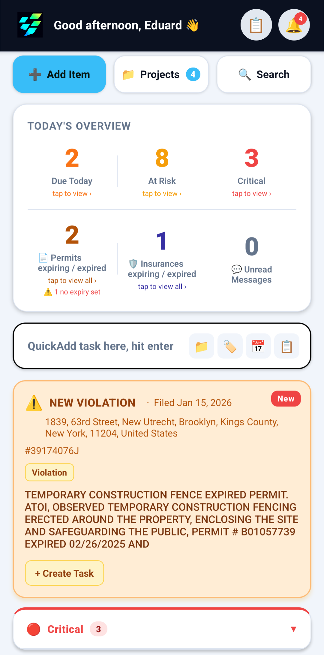 ConstruDO dashboard showing Today's Overview, NYC violation alerts, and tasks across multiple projects